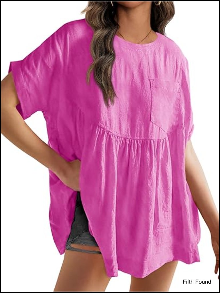 Loose Fit Babydoll Tunic Top With Chest Pocket And Keyhole Back